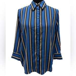 FashionNova Women's Blue/Black/White Long Sleeve Button-Down Blouse, Medium